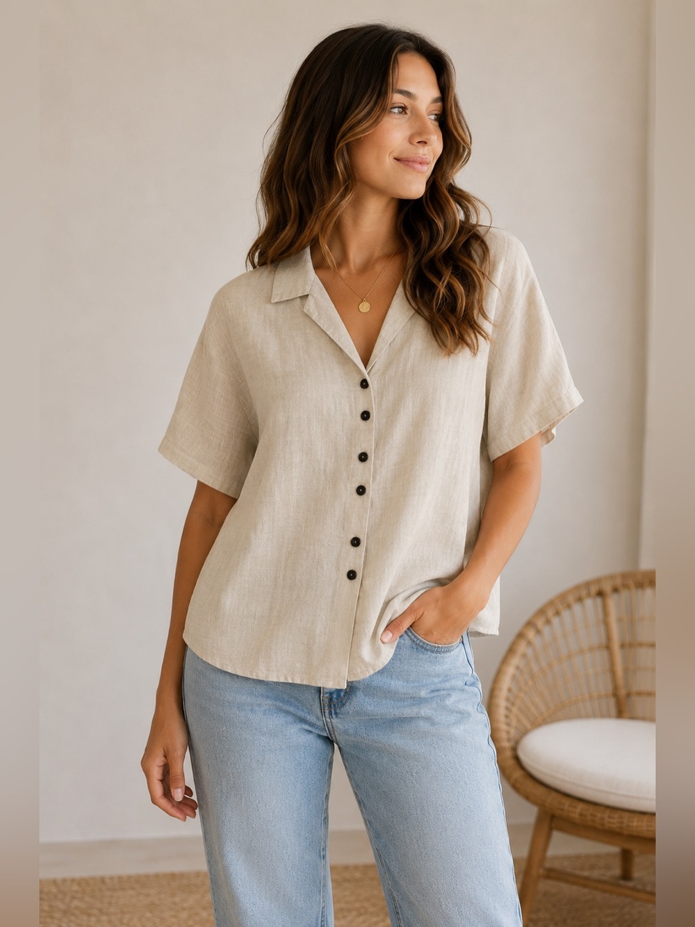 Habitat 100% Linen Button Front Blouse, Size S